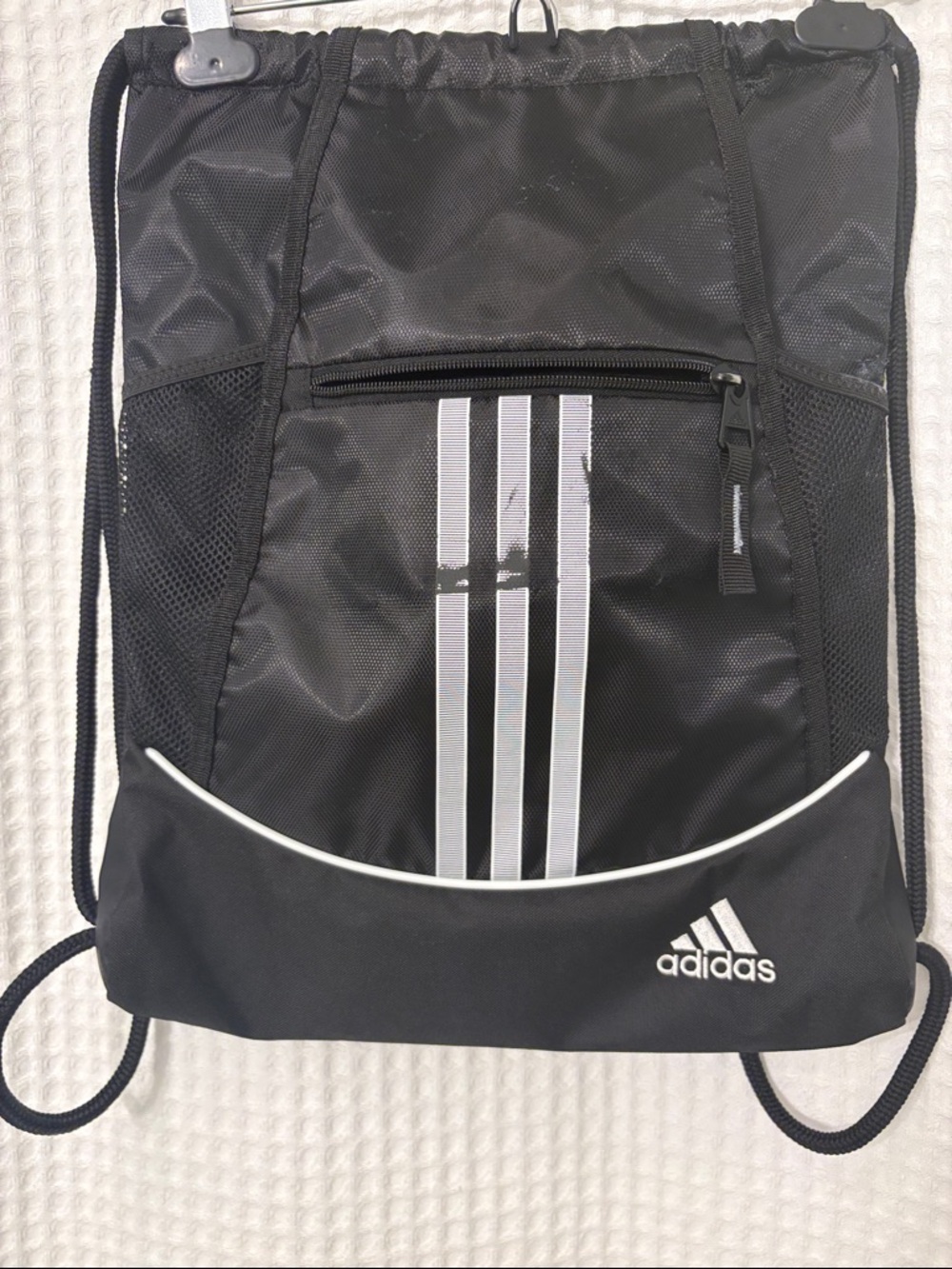 adidas Black Drawstring Gym Sack with White Stripe Accents